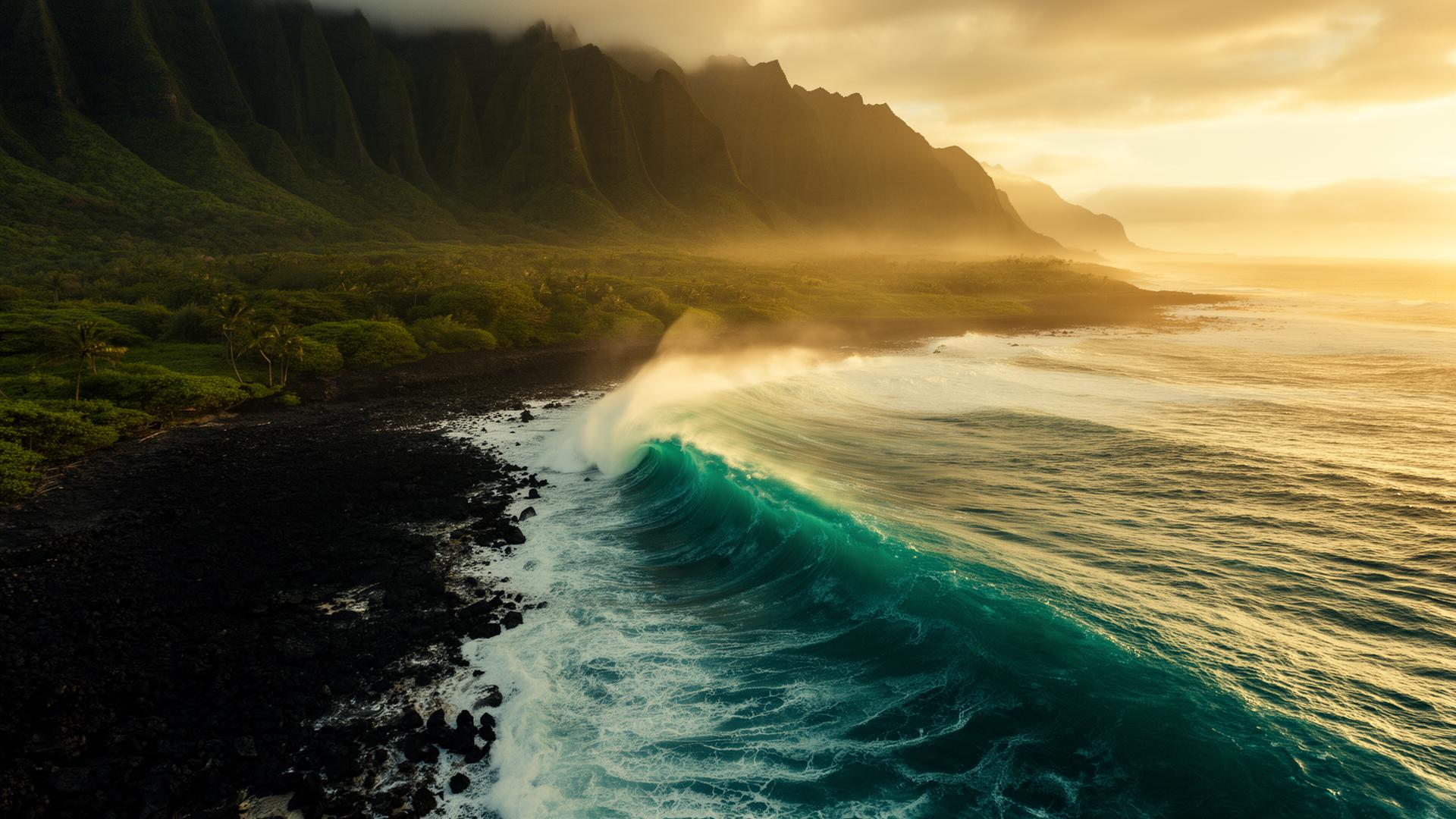 Hawaiian coastline at sunrise where wave meets volcanic shore